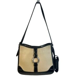 Brighton Vintage Ivory Black Leather Bucket Bag Purse Medium Shoulder Strap